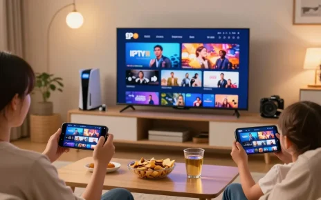 Expérience IPTV avec atlas pro ontv sur Smart TV et appareils mobiles en famille, ambiance chaleureuse.