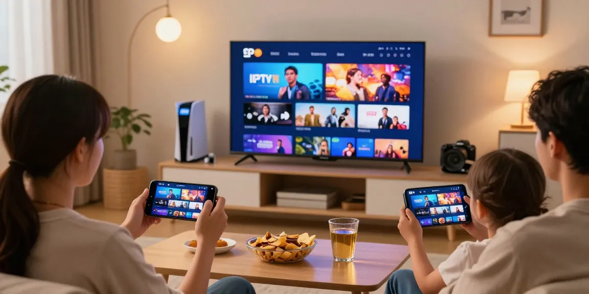 Expérience IPTV avec atlas pro ontv sur Smart TV et appareils mobiles en famille, ambiance chaleureuse.