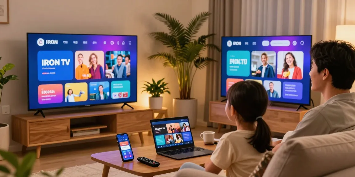 Famille regardant le service iron tv sur un écran de télévision dans un salon confortable, ambiance chaleureuse.