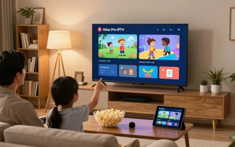 Famille regardant des chaînes atlas pro iptv sur un téléviseur dans un salon moderne