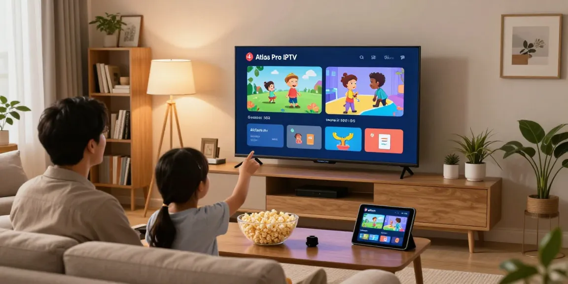 Famille regardant des chaînes atlas pro iptv sur un téléviseur dans un salon moderne